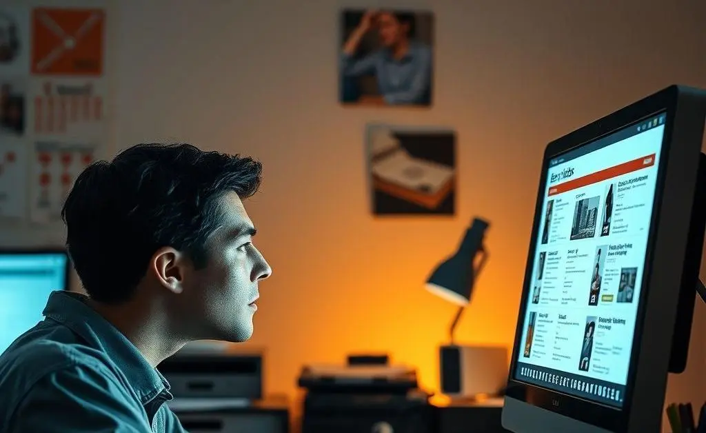 A person focusing on a computer screen with job listings