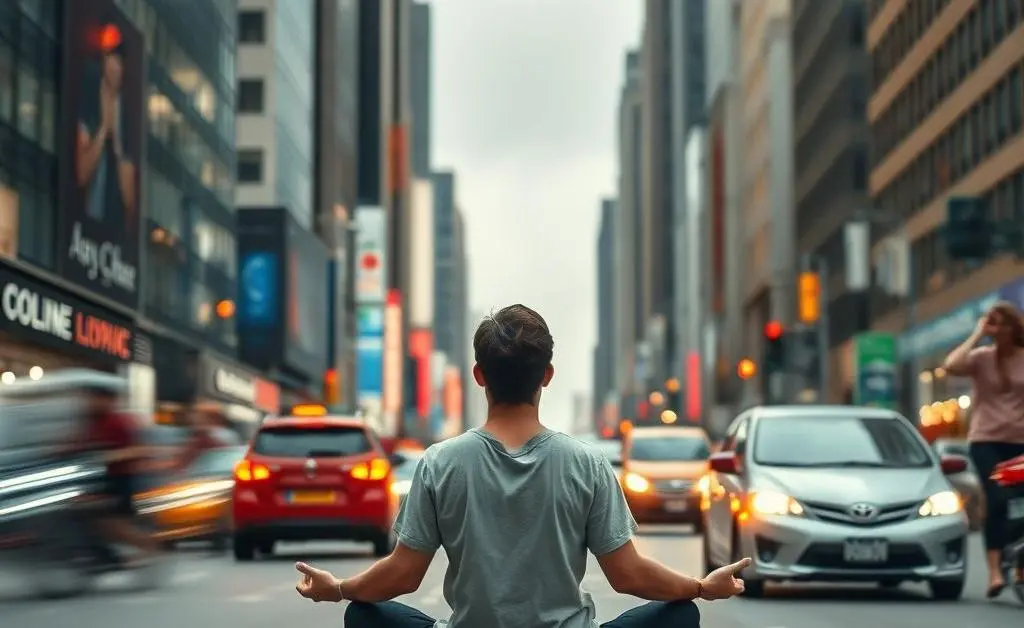 A person sitting calmly in meditation while surrounded by racing city life