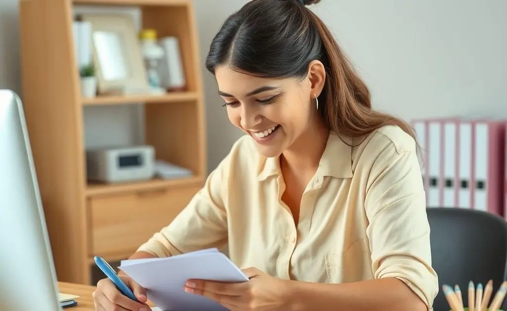 Person planning a budget at a desk with a smile