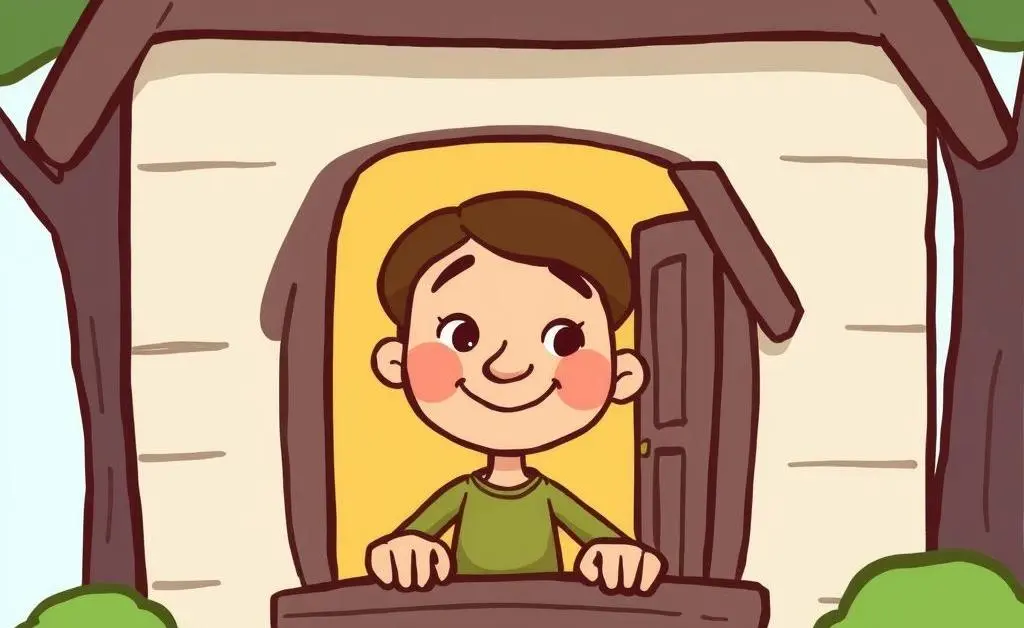 A stylized cartoon depiction of a person looking out from a small home with a content expression.