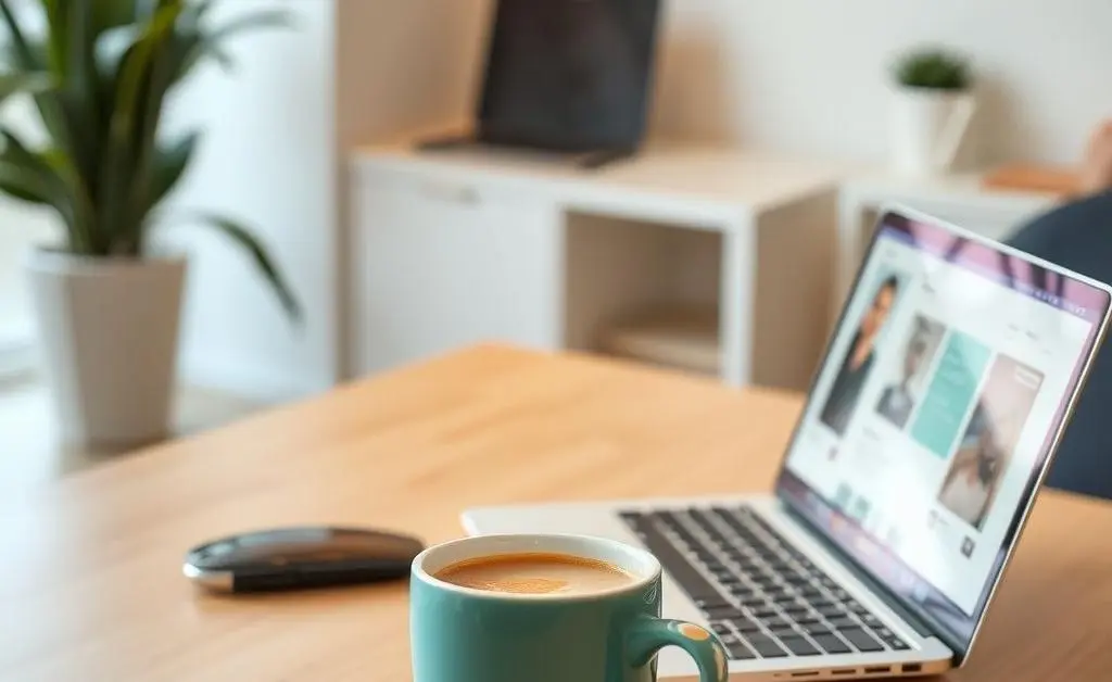 An inviting workspace with a laptop and coffee cup, suggesting freelance work