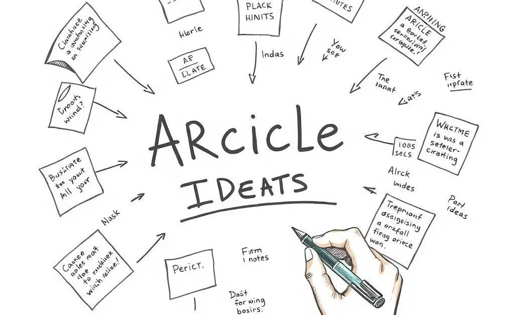 A hand-drawn image of someone brainstorming article ideas with scattered notes and a pen.