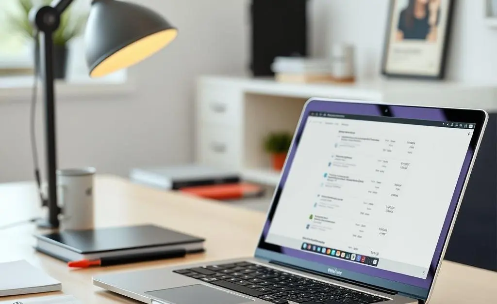 A modern home office with a laptop open on a desk, surrounded by notepads and pens.