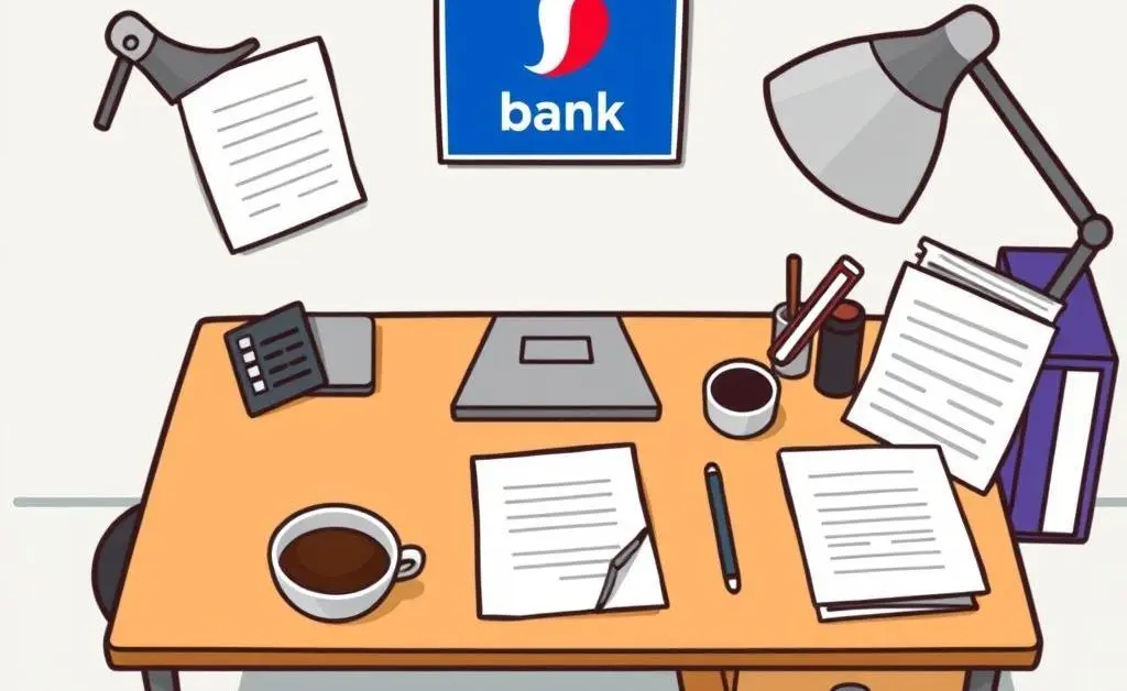 A tidy bank desk with French documents and a coffee cup