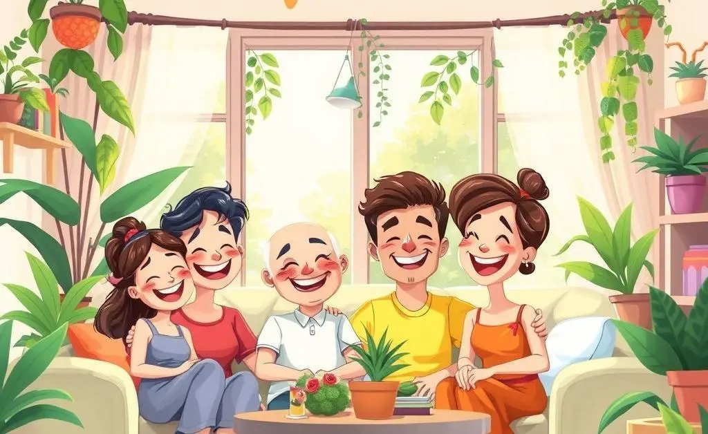 A happy family enjoying a fresh-smelling living room, smiling and relaxed in a bright cartoon style.