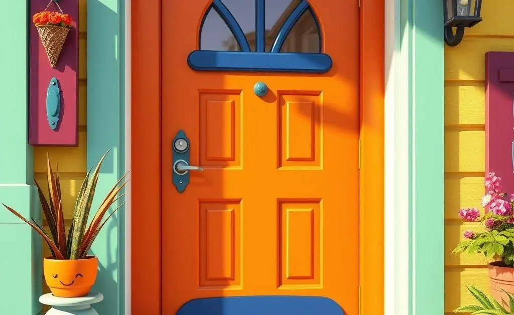 Close-up of a vibrant cartoon-style front door with a welcoming mat