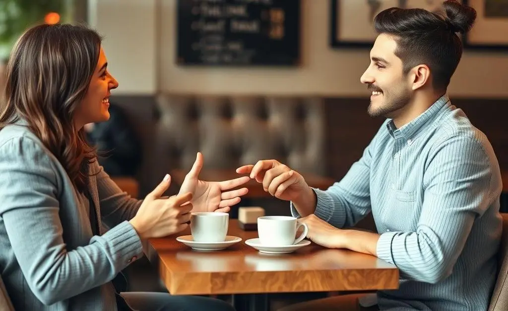 Two friends having a deep conversation about mortgages at a warm and cozy cafe setting.
