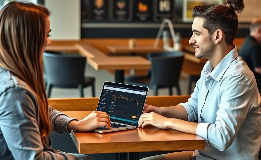 Friends discussing crypto over coffee with laptop showing crypto marketplace