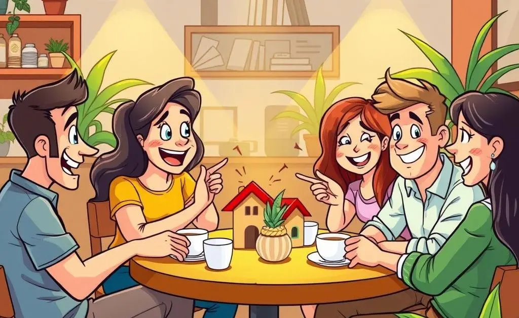 Friends discussing real estate over coffee