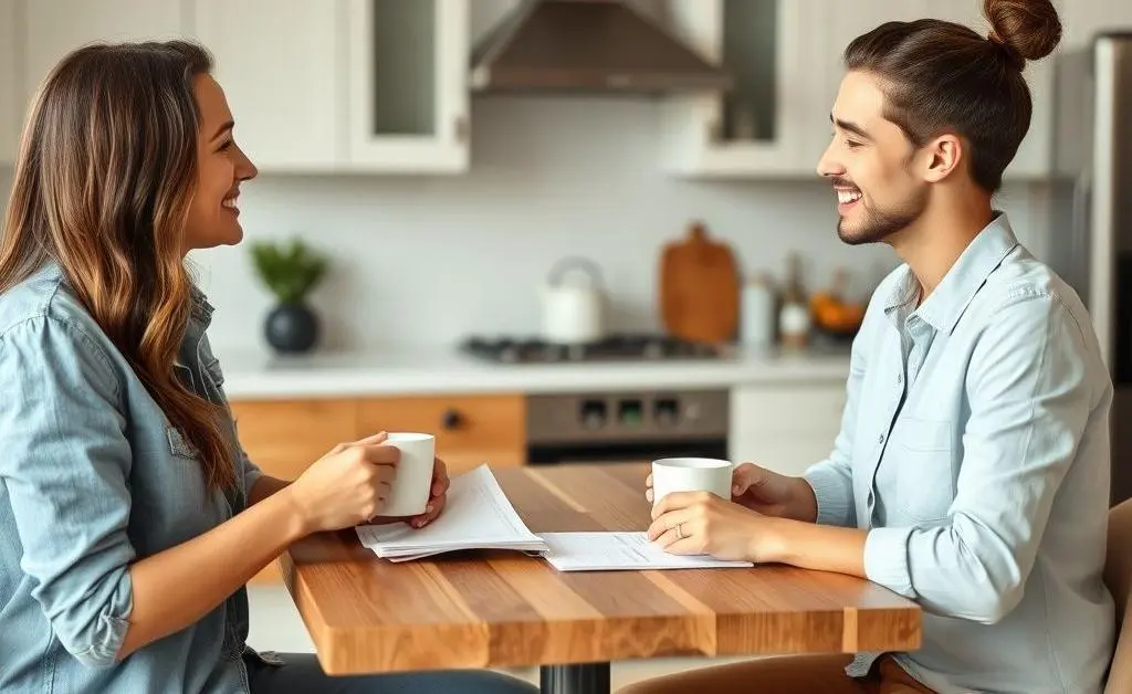Two friends discussing financial plans over coffee.