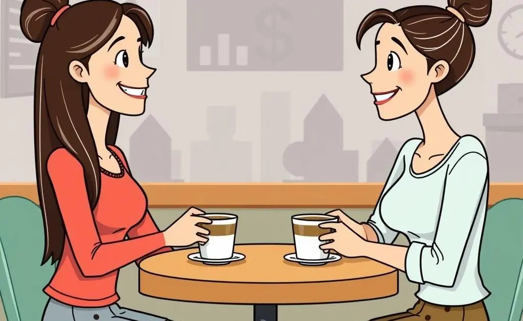 Two friends at a cafe, casually chatting about finances