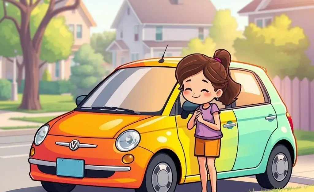 Cartoon-style image of a friend providing emotional support beside a parked car.