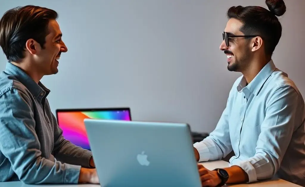 Two people having a friendly conversation at a desk with a laptop open.