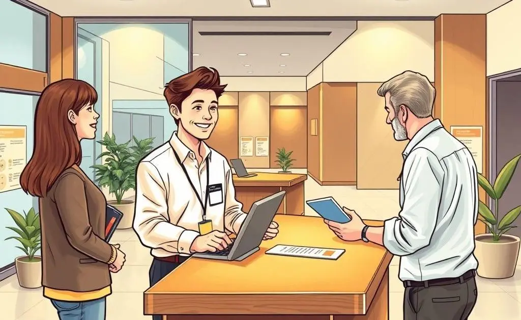 Illustration of a bank clerk helping a person at the counter