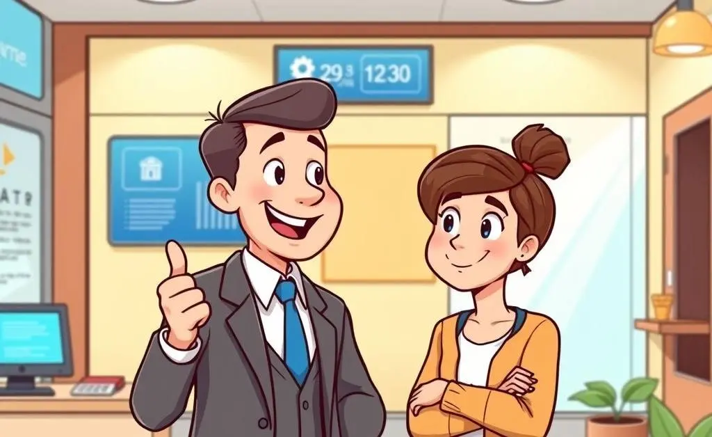 Cartoon of a friendly bank manager explaining process, with a customer nodding.