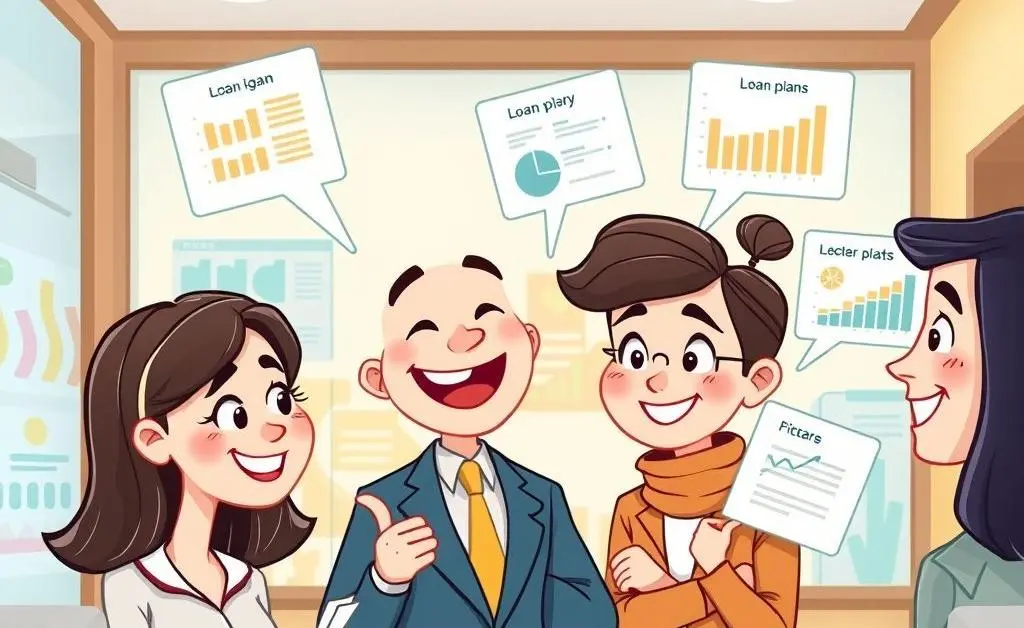 A cartoon image of a friendly-looking banker explaining loan options to a young couple.