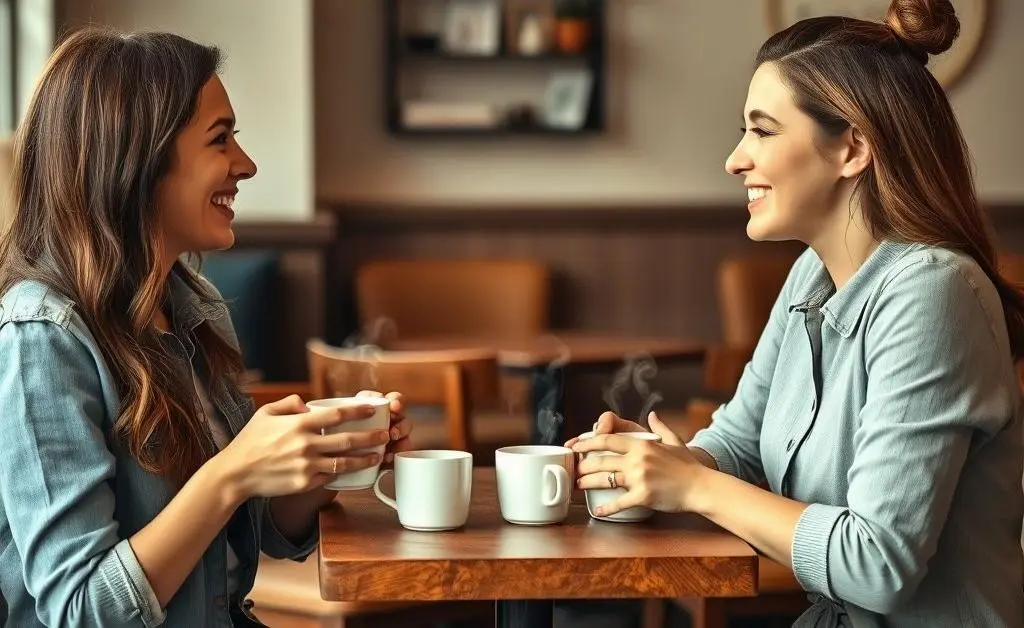 Two friends chatting over coffee, discussing financial goals