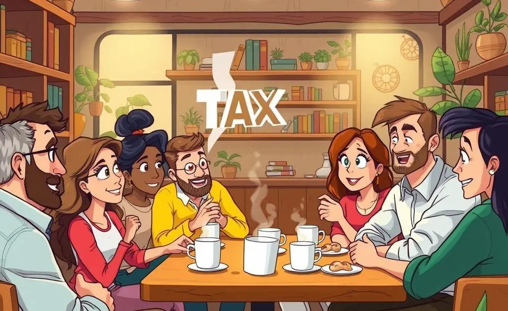 A cartoon-like gathering of diverse people discussing taxes in a cozy cafe setting.