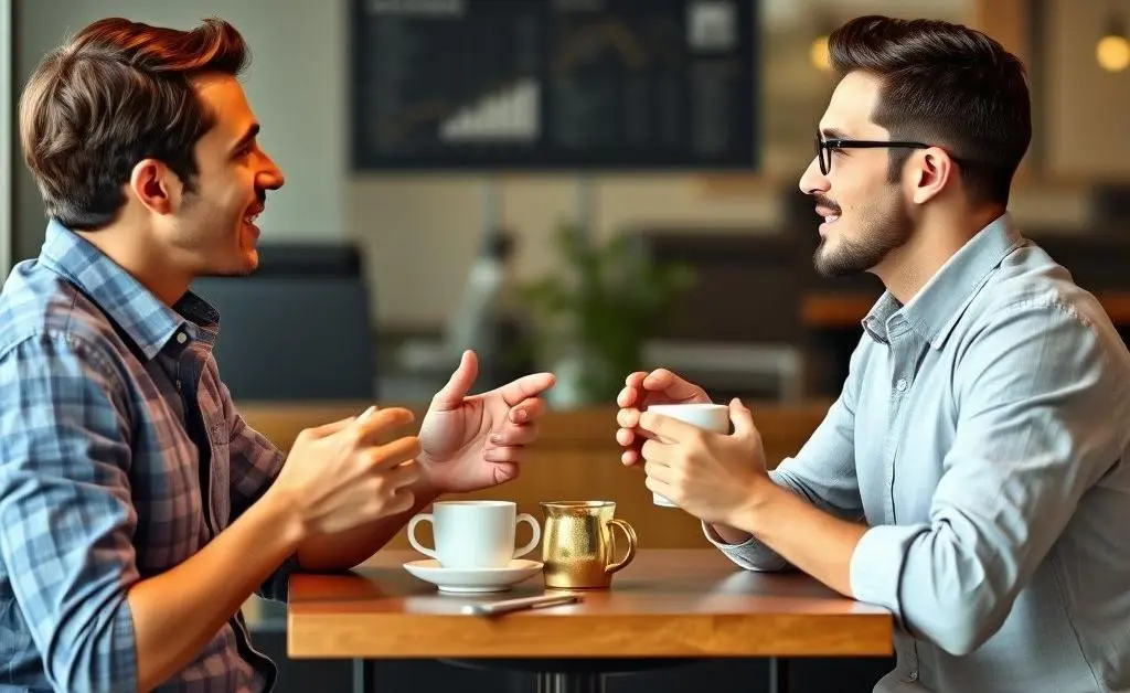Two friends engaged in a friendly debate over coffee about stock investments.