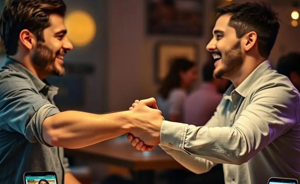 Friends shaking hands after settling a debt
