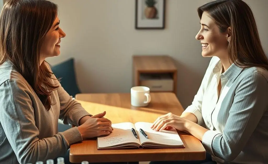 Two people engaging in a friendly discussion at a table with insulin packages and a notepad.