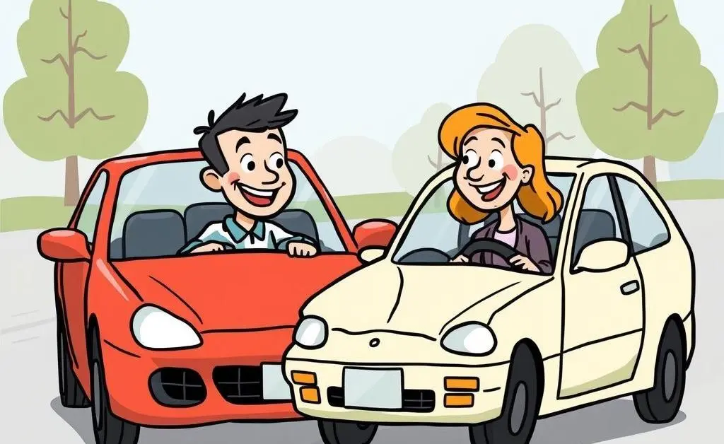 Cartoon of two drivers smiling and talking amicably by their cars post-accident