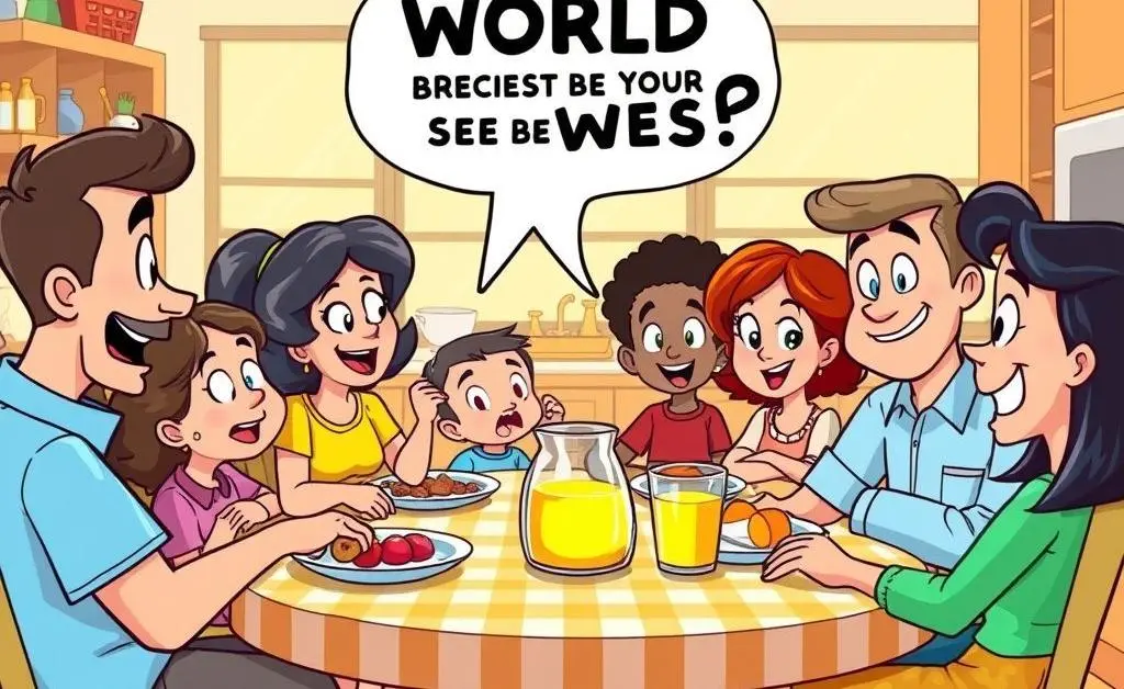 A cartoon family discussing world news at the dinner table
