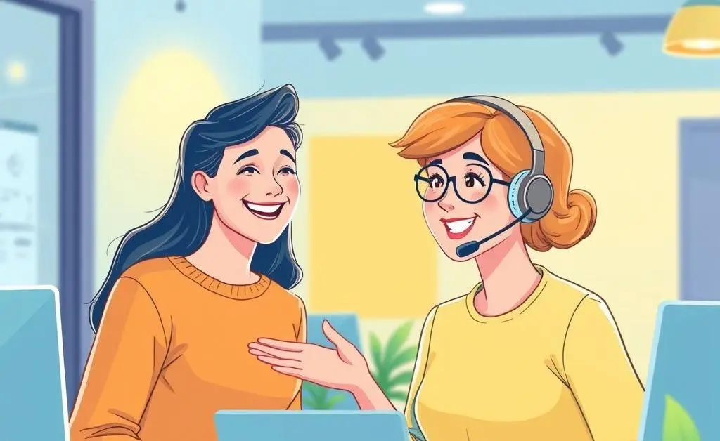 Illustration of a friendly conversation between a customer and a support representative with cheerful notes.