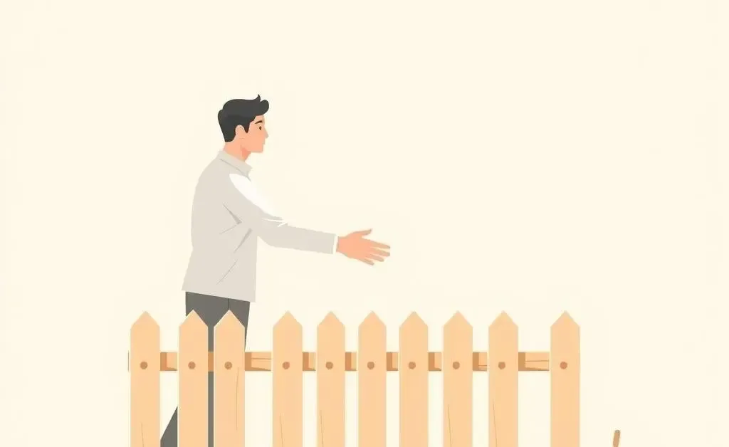 Minimalist illustration of neighbors shaking hands over a garden fence
