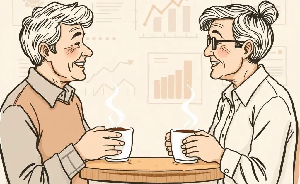 Two adults having a friendly discussion over coffee, with charts in the background, drawn in a hand-drawn aesthetic.