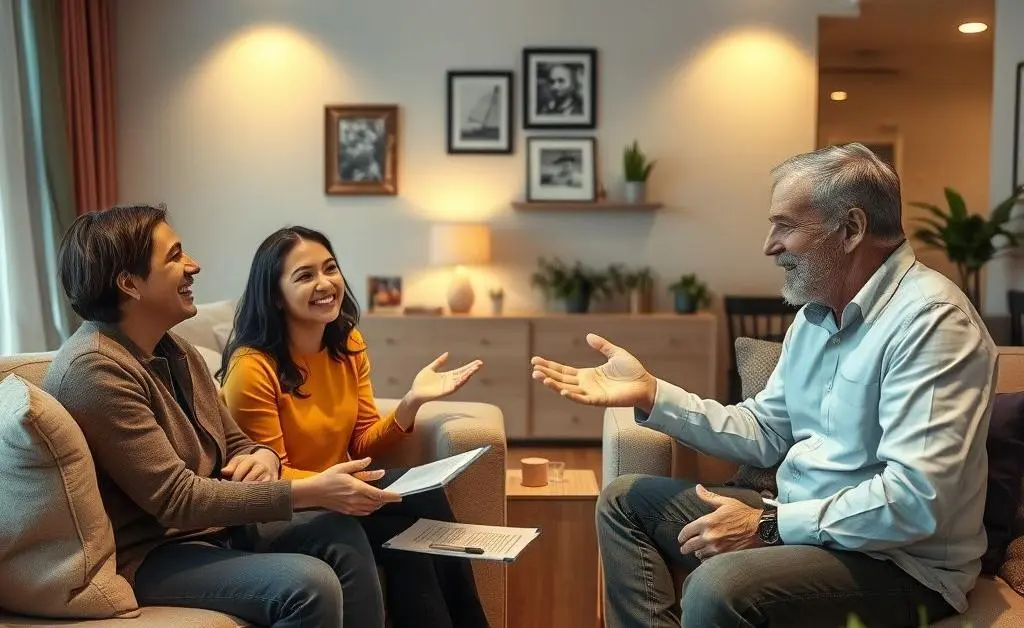 A friendly conversation happening in a living room between a tenant and a landlord.