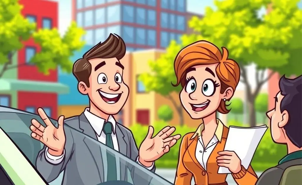 Cartoon-style image of a friendly insurance agent explaining policies to a car owner