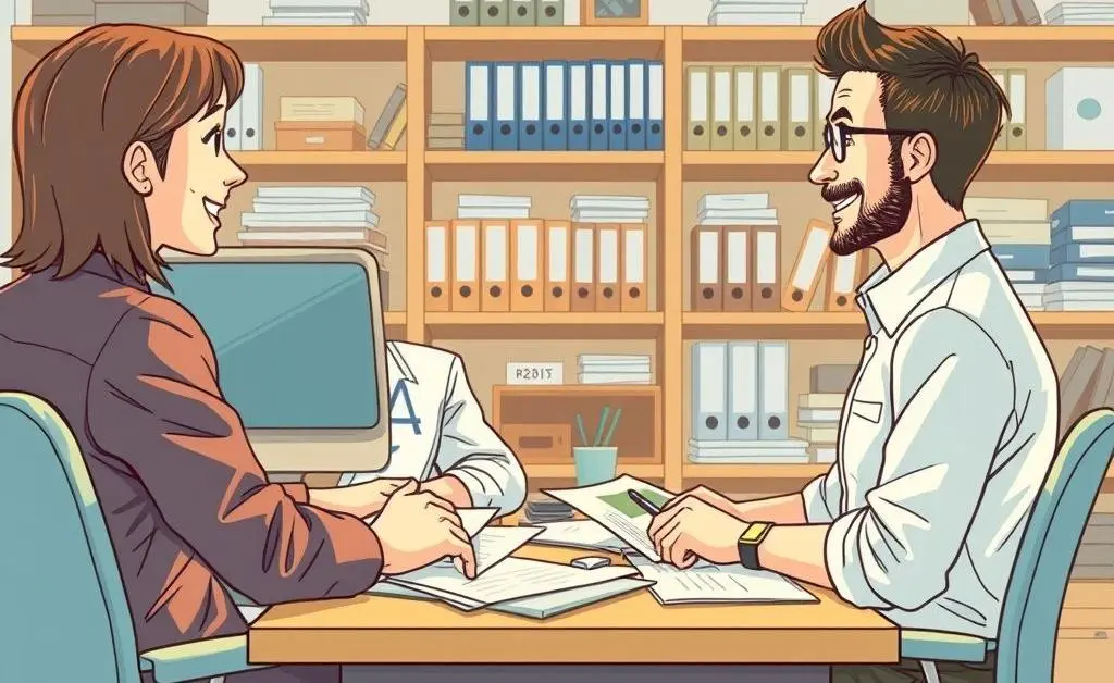 Illustration of a cheerful insurance agent talking to a client over a desk with papers around.