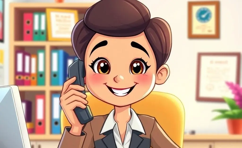 Friendly cartoon insurance agent talking on the phone, reassuring a client.