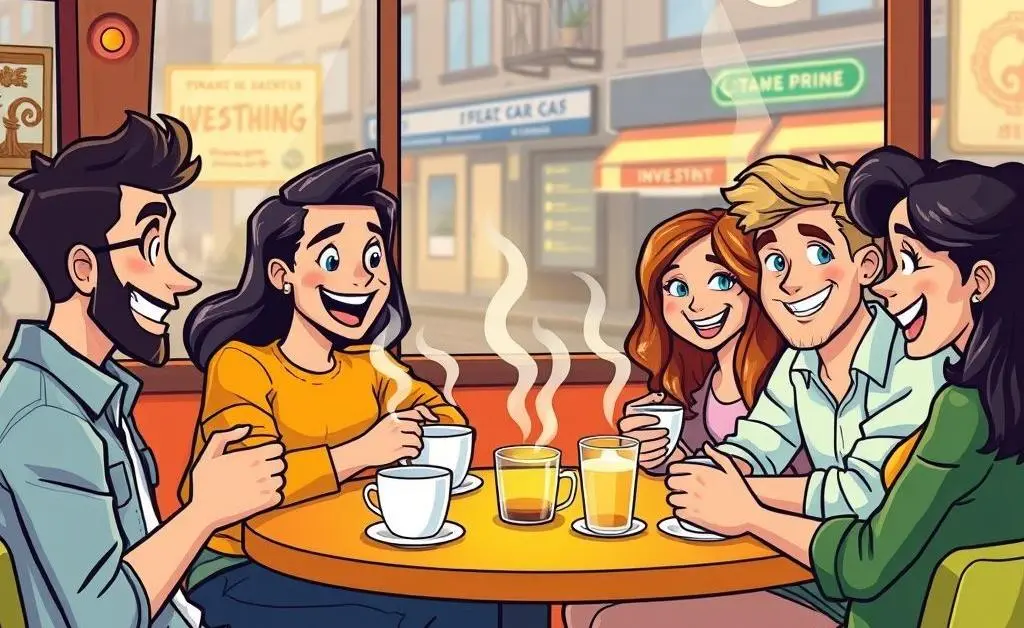Cartoon-style image of friends discussing investments over coffee.