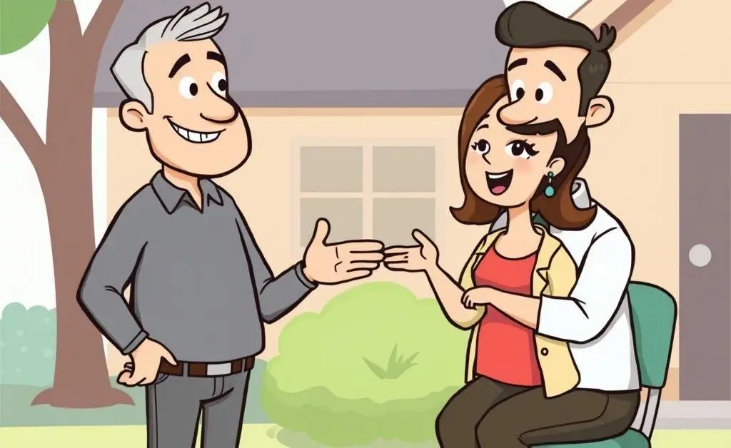 A friendly interaction between a landlord and a tenant in a cartoon-style illustration.