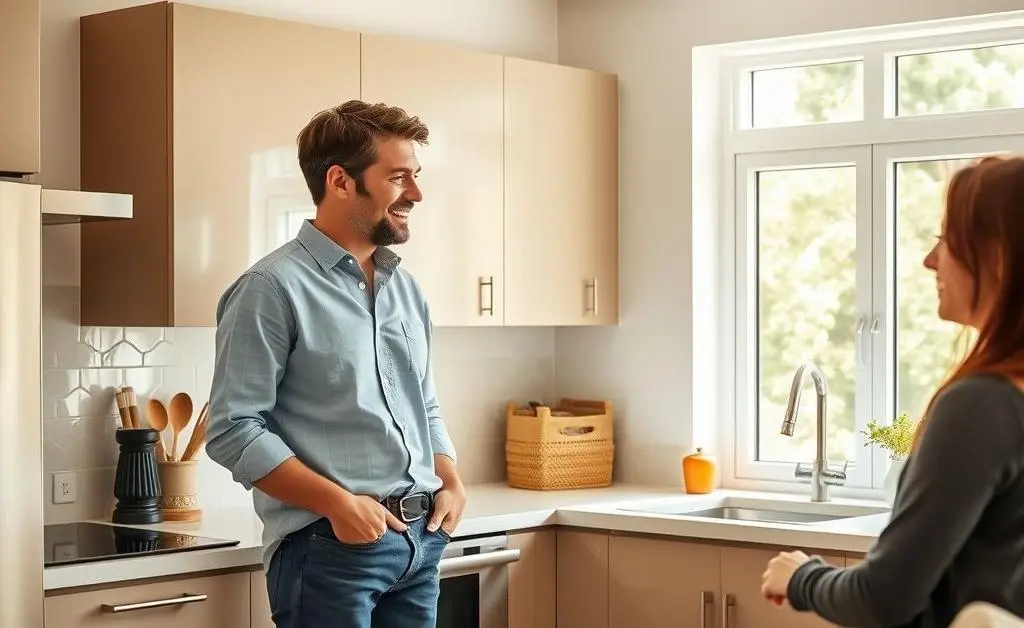 A friendly conversation between a homeowner and potential tenant in a kitchen