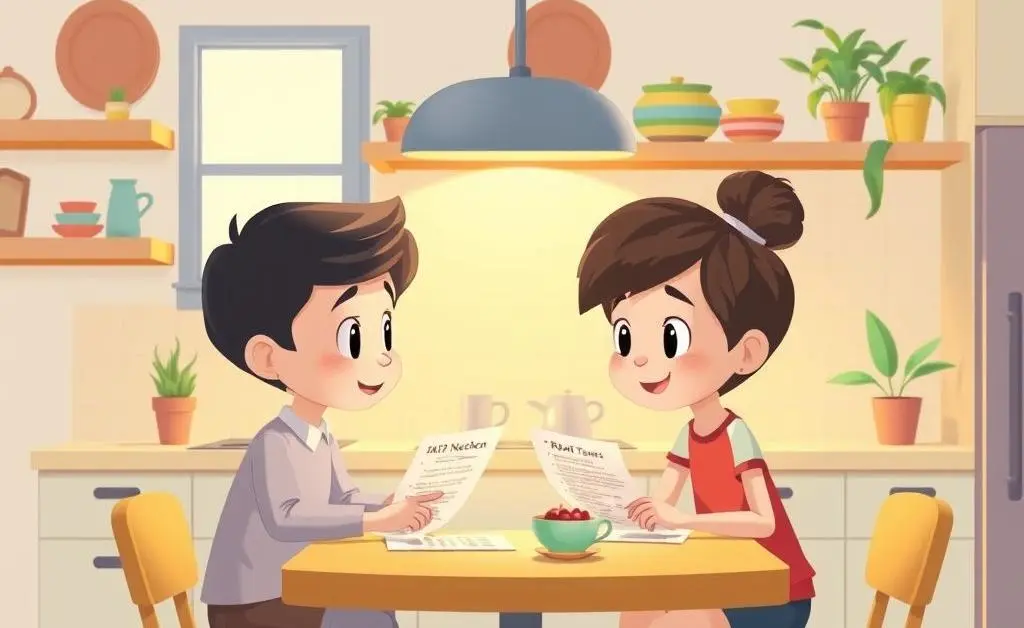 Two cartoon characters discussing lease terms at a cozy kitchen table.