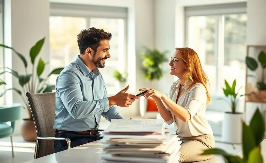 Friendly meeting between two people in an office discussing mortgage deeds