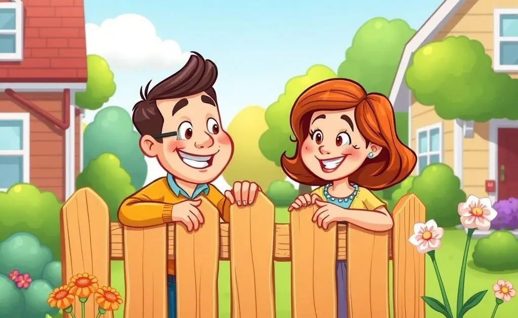 Two neighbors having a friendly chat over a fence in cartoon style.