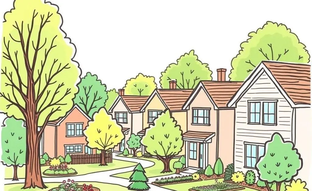 Hand-drawn image of a peaceful neighborhood with trees and gardens.