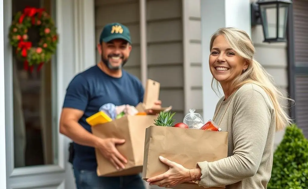 A smiling person delivering groceries to a neighbor's doorstep