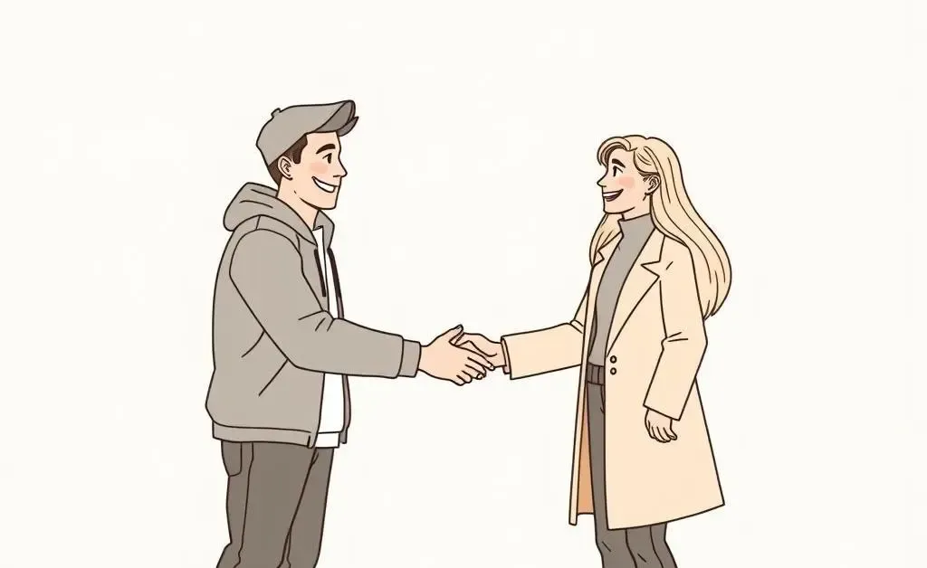 Minimalist drawing of two neighbors shaking hands with smiles.