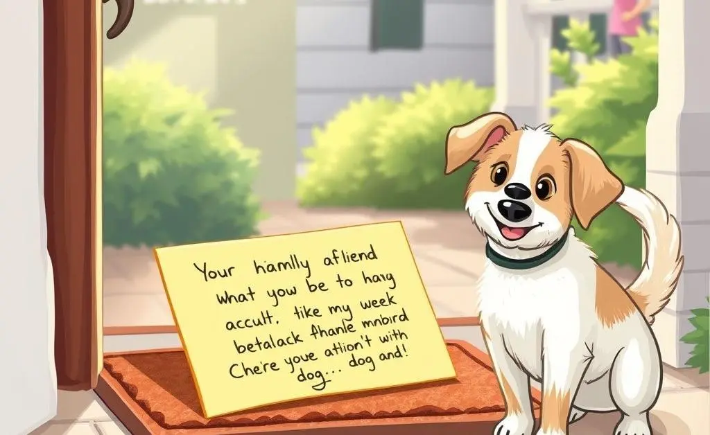 Illustration of a friendly note left on a doorstep about a dog's behavior.