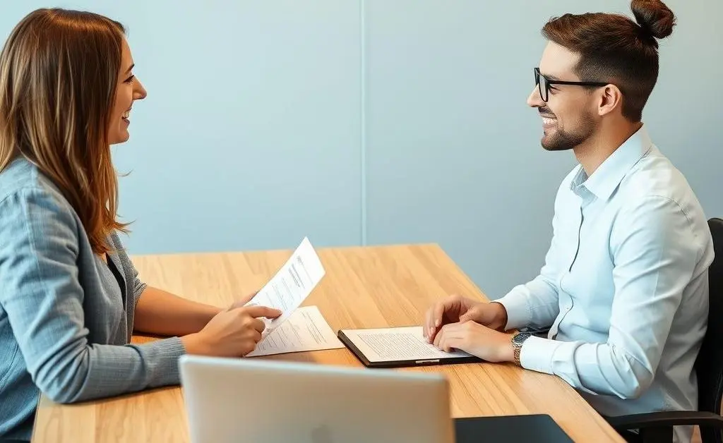 Two people having a friendly discussion in an office setting.