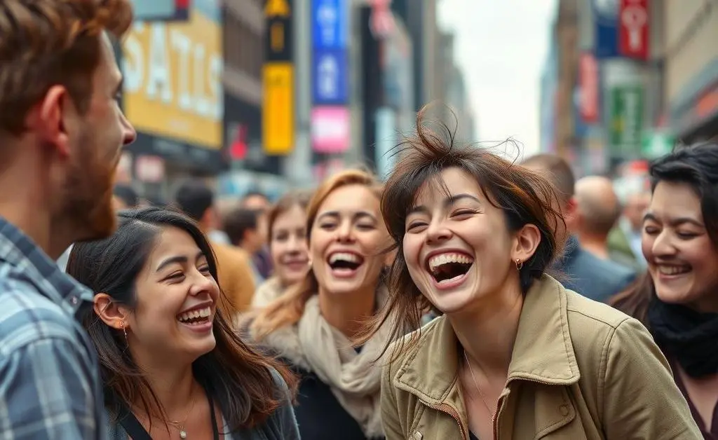 People laughing in a vibrant city setting due to an accidental misstep.