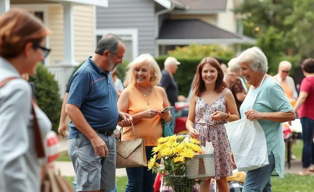 Neighbors browsing at a friendly yard sale, smiling and chatting