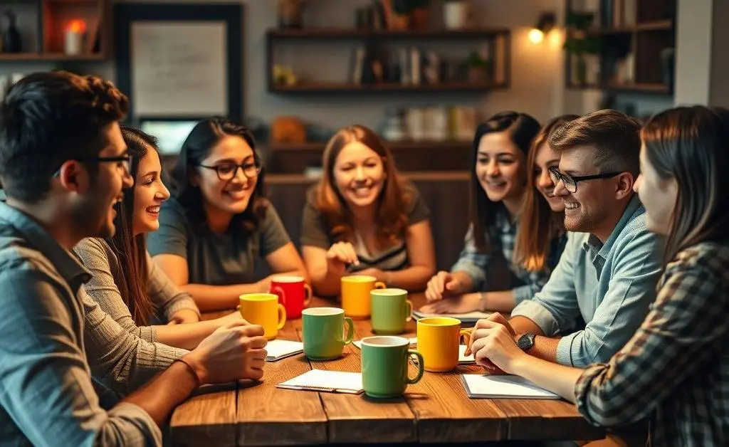 A group of friends chatting at a table, animatedly discussing job strategies