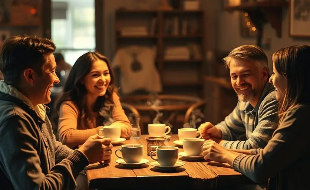 A warm setting with friends having a friendly chat over coffee.