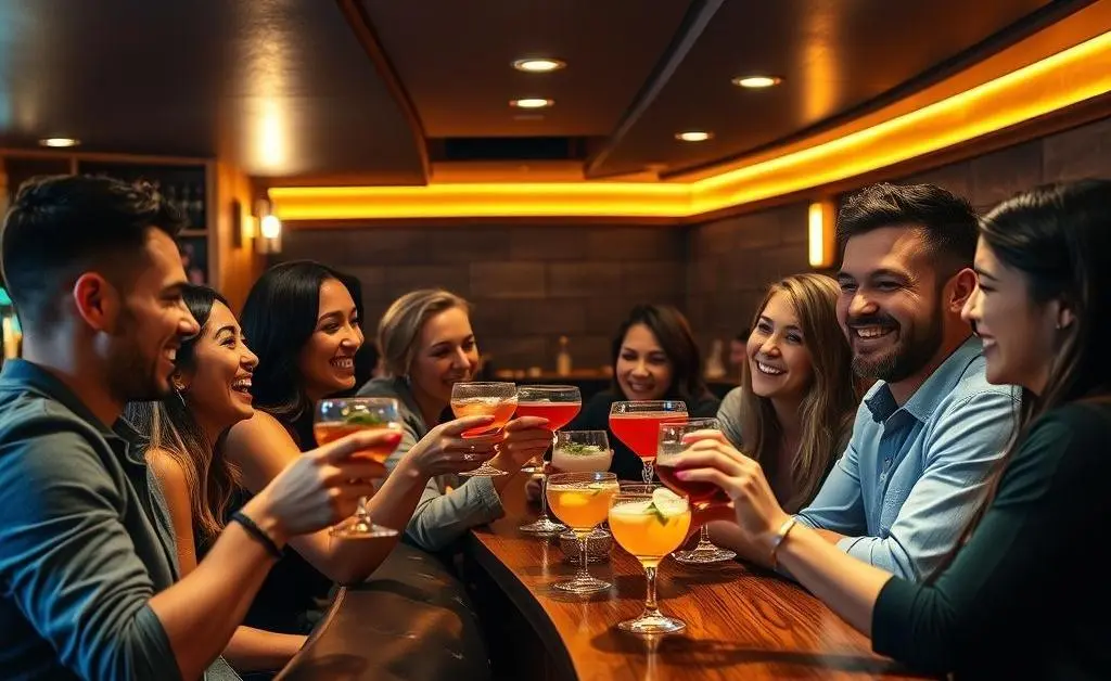 A group of friends laughing and enjoying drinks at a stylish basement wet bar.
